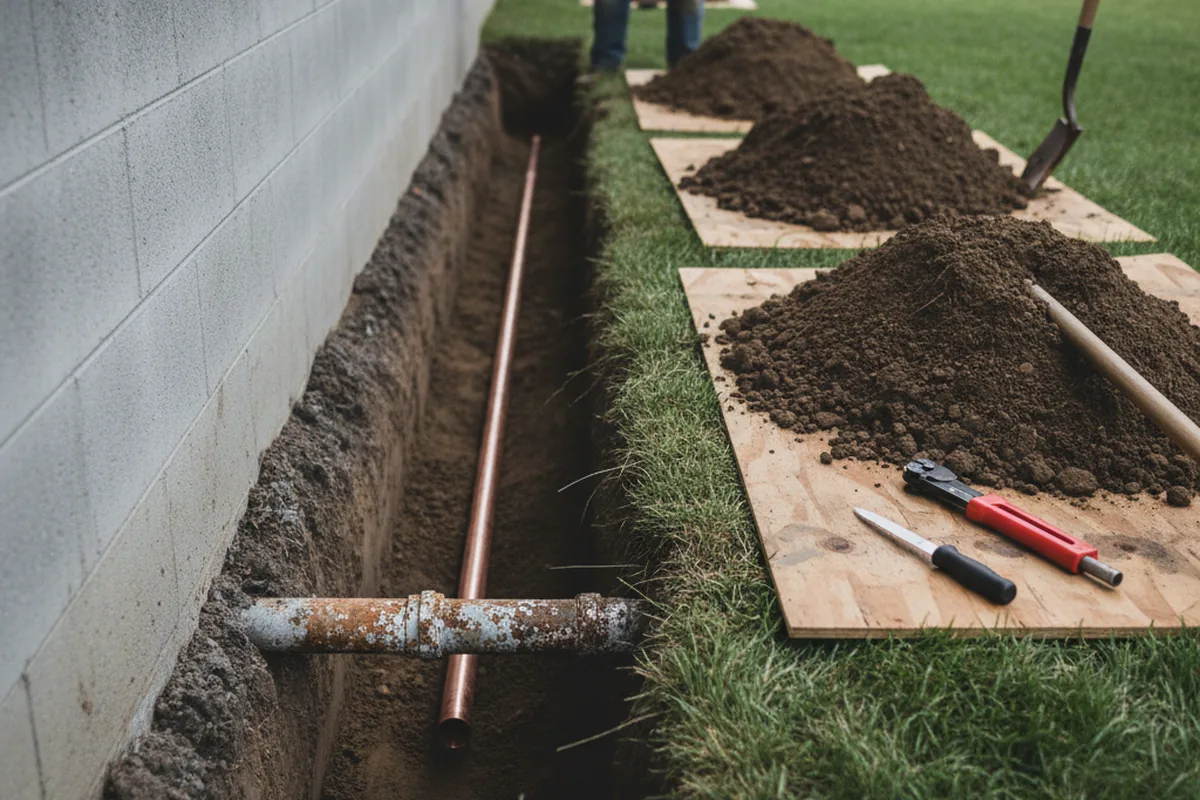 Excavated water line trench during Sewer Line Repair in Loxahatchee